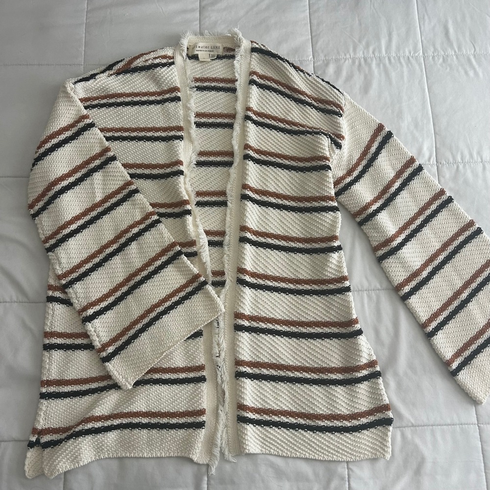 Saltwater Luxe Striped Open Front Fringe Cardigan Sweater Cream Brown Size L